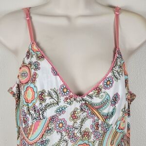 PJ Salvage Orange Pink Paisley Maxi Dress Ruffle Tier Crochet Lace Medium Boho